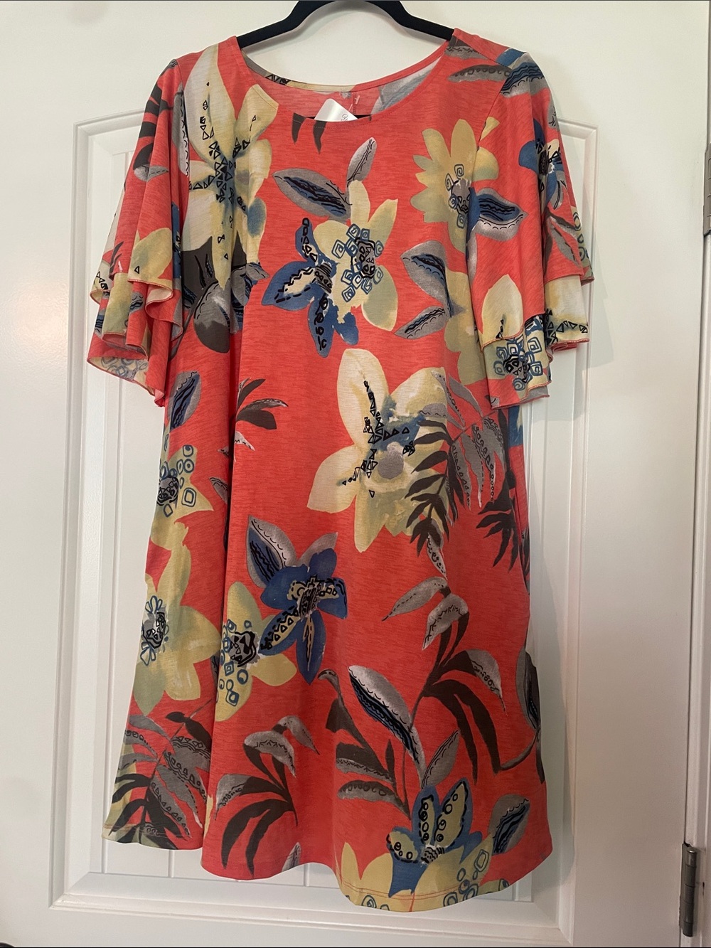 Floral Coral Swing Dress with Flutter Sleeves